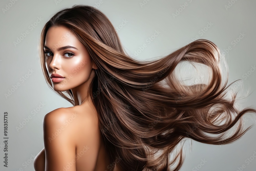 Fototapeta premium A woman with long brown hair is posing for a picture
