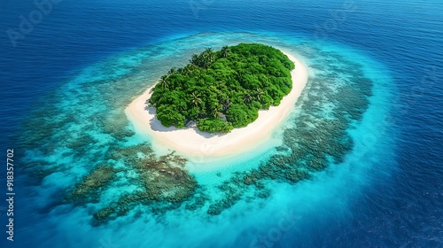 Aerial View of Tropical Island Surrounded by Crystal-Clear Blue Water and Coral Reefs