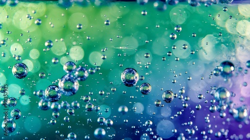 A macro shot of sparkling water bubbles in a multicolored cocktail, with shades of green, blue, and purple blending together for a festive look.