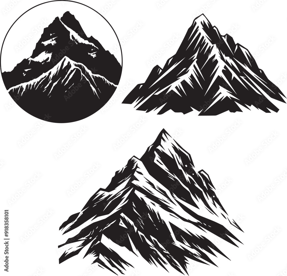 Set of black and white Mountains Silhouette vector Set of black and white Mountains Silhouette vector