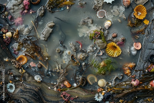 An artistic macro photograph of a tide pool with a variety of tiny marine creatures like snails and crabs.Underwater habitat.Macro coastal fauna.Coastal environment.Marine life. photo