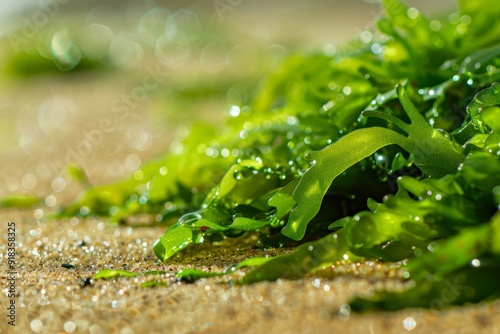 A detailed macro shot of vibrant green seaweed with tiny water droplets clinging to its surface, scattered on the sandy beach.Macro coastal flora.Coastal environment.Underwater world.Marine life.