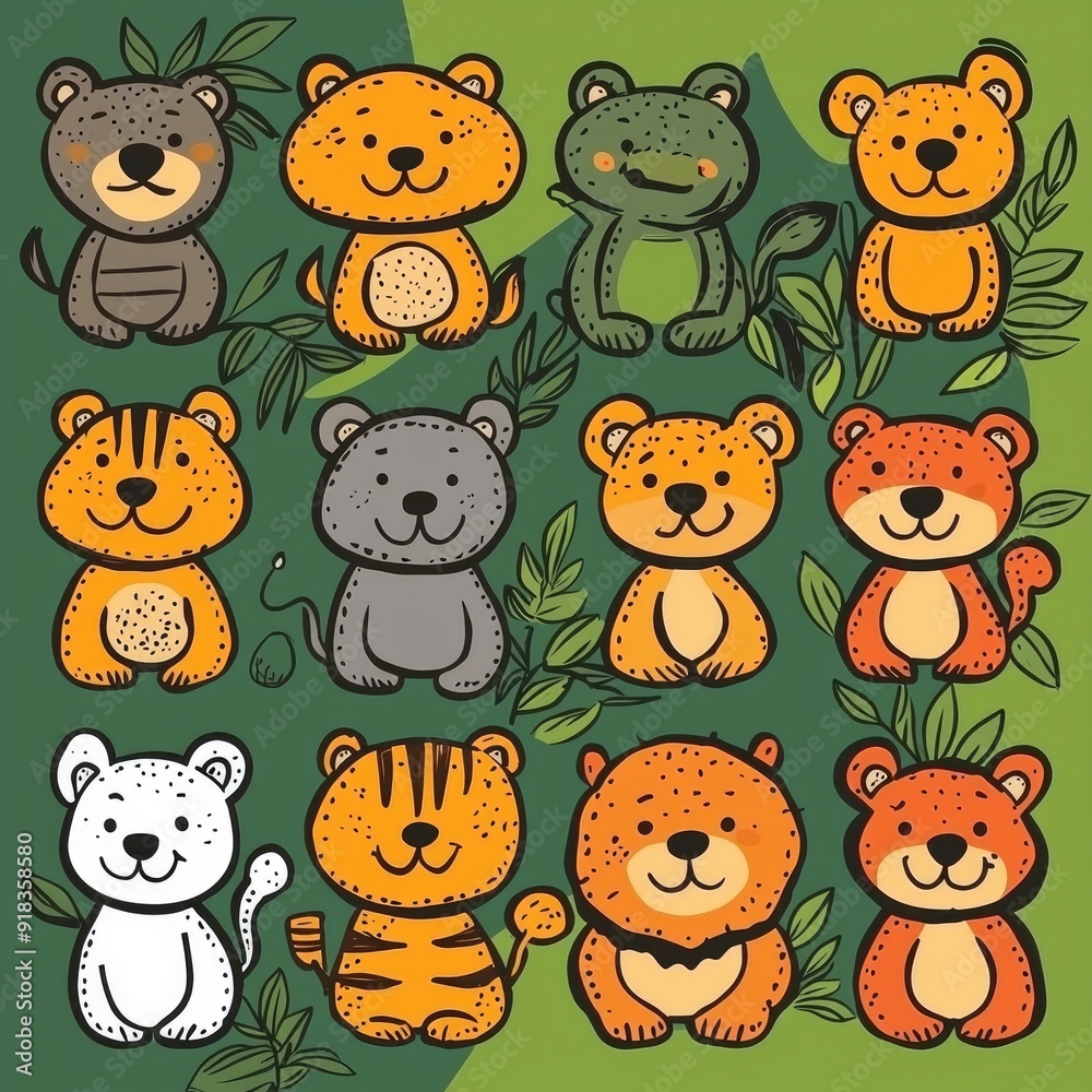 Fototapeta premium Cute Cartoon Animal Friends with Green Leaves