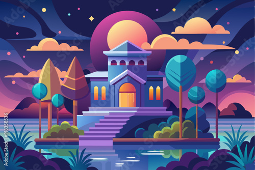 Nighttime View of a Mystical Building with a Lake and Trees