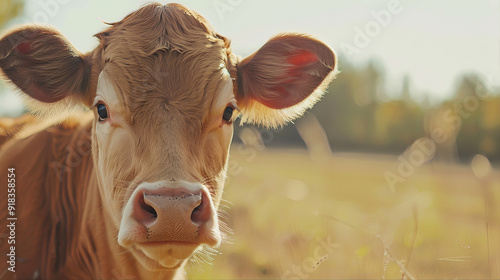 close up of a diary domestic cow stare, ox and dairy cow on the grassland, livestock image. Cattle gazing on the field, cow health and nutrition.