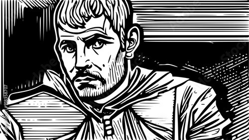 A black and white woodcut-style illustration of a serious man with short hair, wearing a cloak. The artwork features strong lines and shading, emphasizing the man's facial expression and attire.