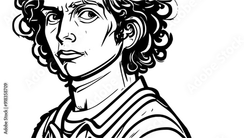 A stylized black and white illustration of a young man with curly hair, looking directly at the viewer. The artwork features bold lines and a dynamic expression, capturing a sense of confidence.