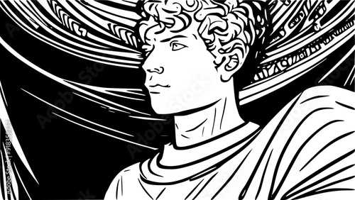 A stylized black and white illustration of a young man with curly hair, looking thoughtfully to the side. The background features swirling patterns, adding depth and artistic flair to the composition.