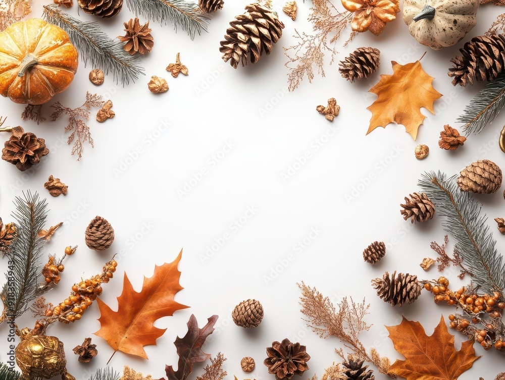 Gold Thanksgiving decoration on white background, flat lay, top view with a touch of elegance and charm.