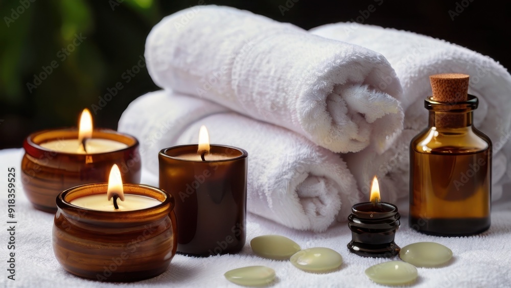 Spa accessories installed in a day spa hotel in Bali in the health and beauty center. Spa products - towels, candles, aromatic oils are placed in a luxury spa on a tropical island ready for massage, Spa accessories installed in a day spa hotel in Bali in the health and beauty center. Spa products - towels, candles, aromatic oils are placed in a luxury spa on a tropical island ready for massage,