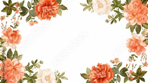 vintage floral frame with roses featuring vibrant orange and white flowers with lush green leaves, arranged around a white background, ideal for romantic and classic design projects