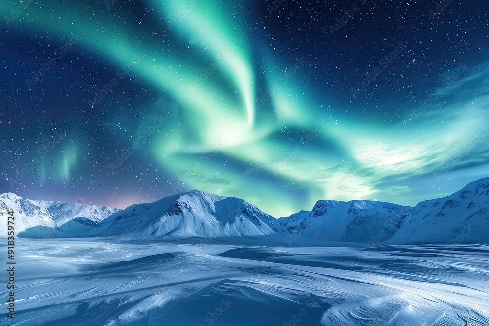 Fototapeta premium The Aurora Borealis dances in the starry Arctic sky, illuminating the snow-covered mountains below in a breathtaking, otherworldly display of natural beauty.