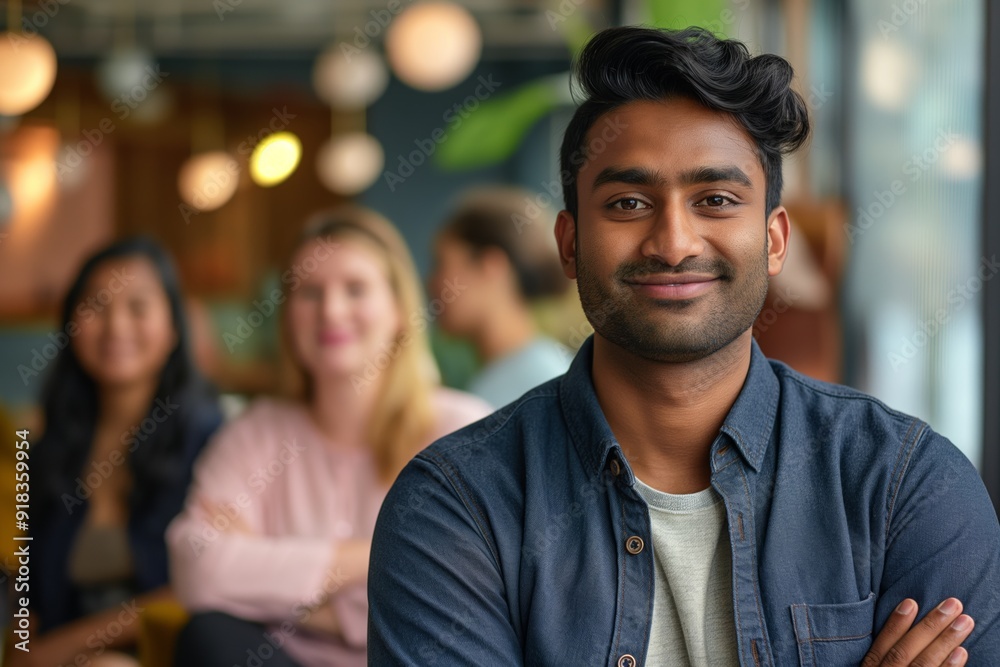A man with a beard and a blue shirt is smiling at the camera. He is surrounded by other people, but he is the main focus of the image. Scene is happy and friendly A man with a beard and a blue shirt is smiling at the camera. He is surrounded by other people, but he is the main focus of the image. Scene is happy and friendly
