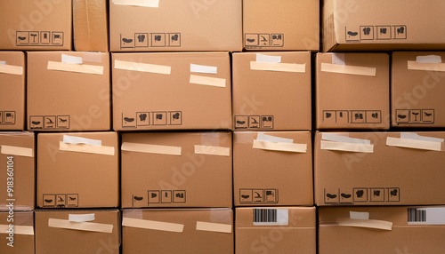Textured background of rows of carton containers with adhesive tapes on beige surface in warehouse