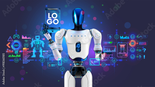 STEM education of kids in online internet school. Children study robotics, 3d printing, software development, technology. Template banner of IT school. Humanoid robot shows logo STEM online school.