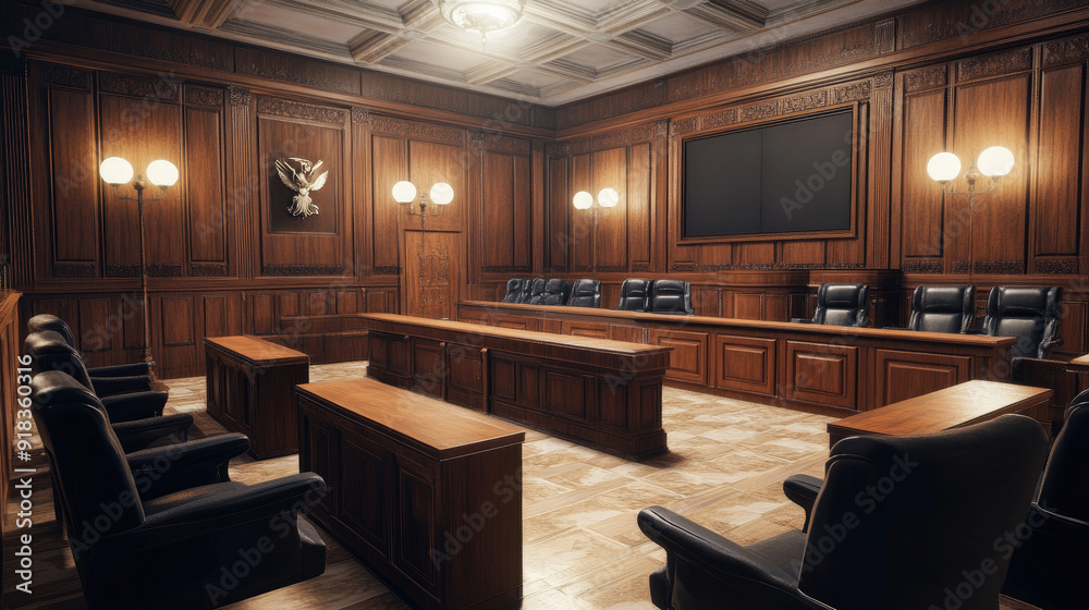 Empty Legal Courtroom with Wooden Desks and Black Leather Seating Empty Legal Courtroom with Wooden Desks and Black Leather Seating