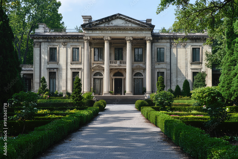 Discover Majestic Elegance: An Imposing Neoclassical Mansion With Tall Columns Set Amidst Lush Gardens Emanates Timeless Sophistication and Grandeur. Discover Majestic Elegance: An Imposing Neoclassical Mansion With Tall Columns Set Amidst Lush Gardens Emanates Timeless Sophistication and Grandeur.