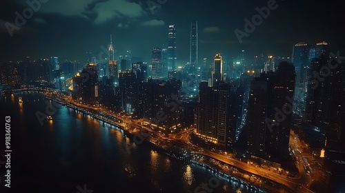 Wallpaper Mural Aerial Shot of Sprawling Urban Landscape at Night with Illuminated Skyscrapers Torontodigital.ca