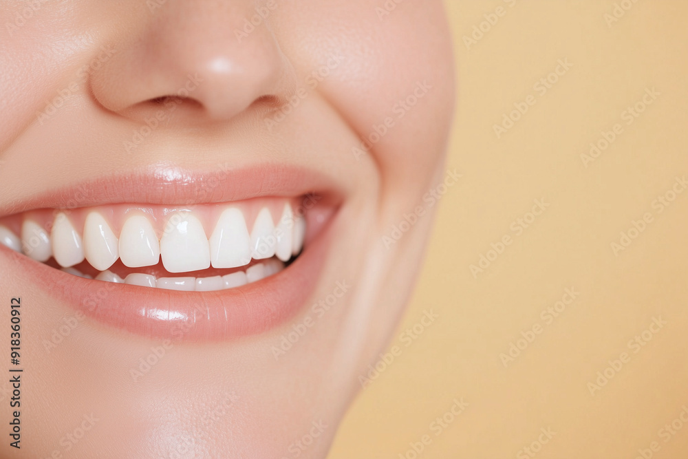 Perfect healthy teeth smile of a young woman. Teeth whitening. Dental clinic patient. Oral care dentistry, stomatology. Isolate beige backround. Dental care. Dentistry concept. Banner with copy space Perfect healthy teeth smile of a young woman. Teeth whitening. Dental clinic patient. Oral care dentistry, stomatology. Isolate beige backround. Dental care. Dentistry concept. Banner with copy space