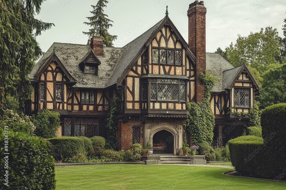 Fototapeta premium Elegant half-timbered Tudor mansion with lush garden and imposing brick chimney, showcasing historic architecture and timeless beauty.