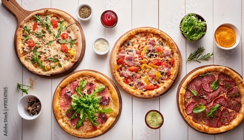 Top view of delicious pizzas with various meat and vegetables placed on white wooden table in cafe