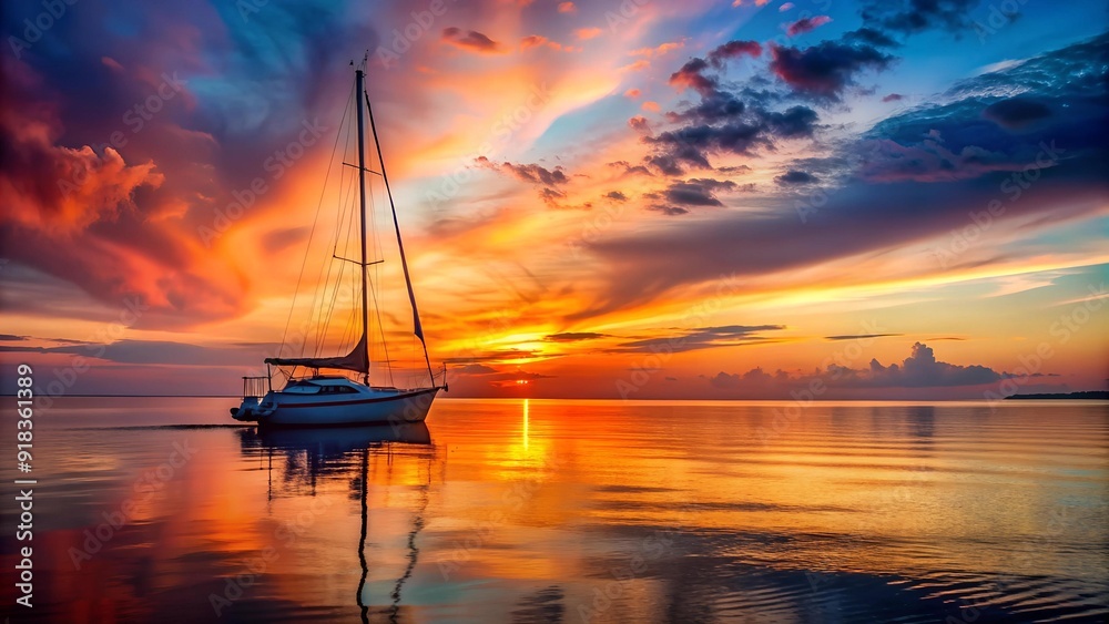 Sunset Sail: A Fiery Silhouette Against the Horizon  Generative AI