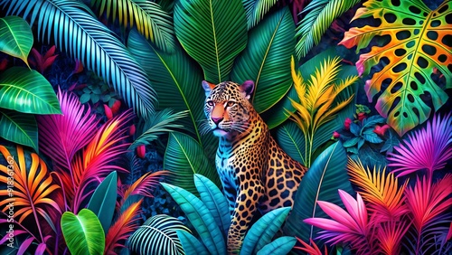 Fototapeta Naklejka Na Ścianę i Meble -  Neon Jungle: A vibrant, neon-colored leopard print against a backdrop of lush, tropical foliage.  Generative AI