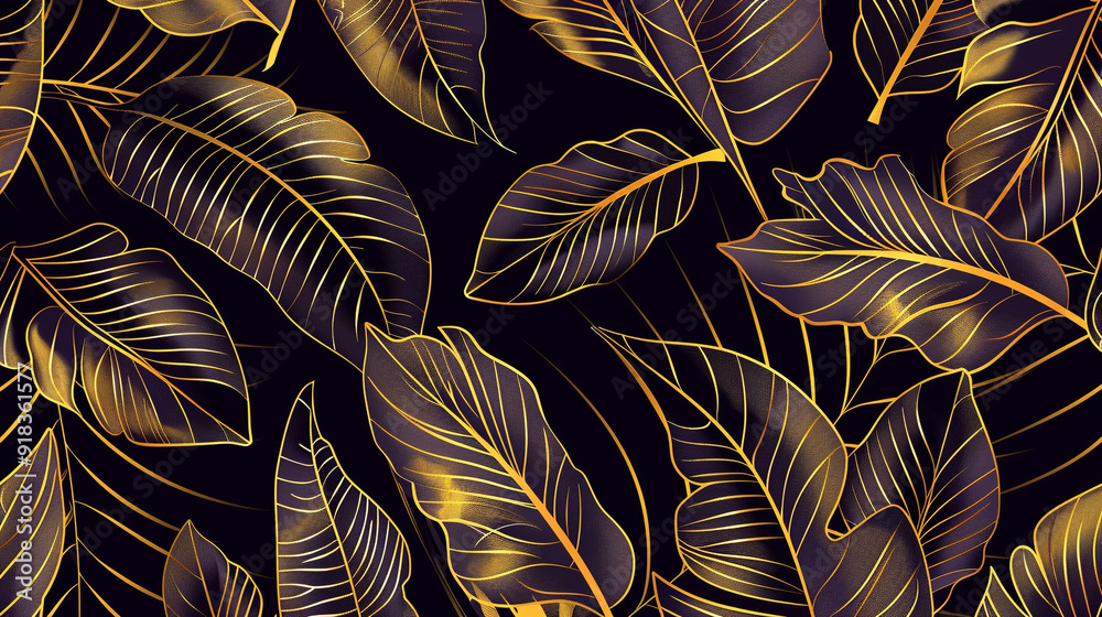 Banana leaf pattern using a golden outline with a black background. Banana leaf pattern using a golden outline with a black background.