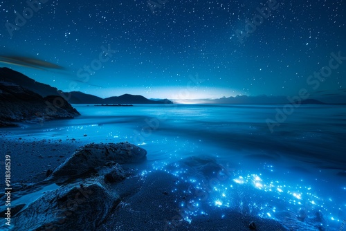 A dramatic long-exposure photograph of bioluminescent plankton lighting up a tidal pool, with stars reflected in the water.Bioluminescent plankton.Glowing plankton.Glowing beach.