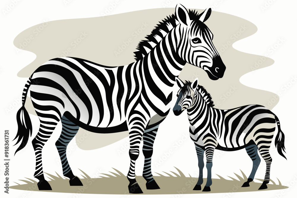 Fototapeta premium A Mother Zebra and Her Foal Standing in Grass