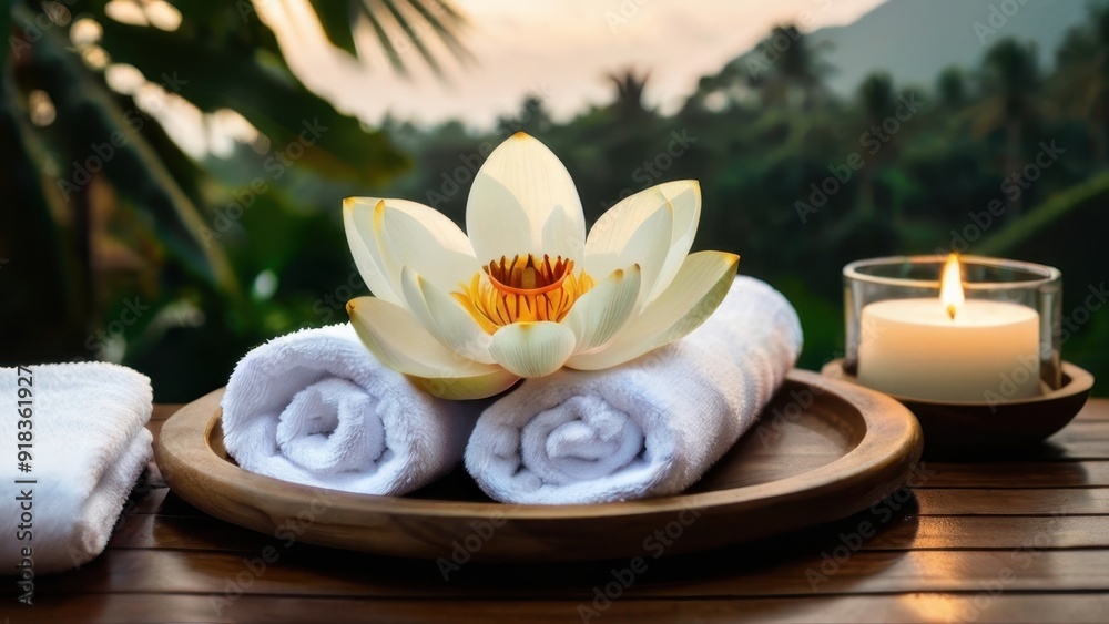 Spa accessories installed in a day spa hotel in Bali in the health and beauty center. Spa products - towels, candles, aromatic oils are placed in a luxury spa on a tropical island ready for massage, Spa accessories installed in a day spa hotel in Bali in the health and beauty center. Spa products - towels, candles, aromatic oils are placed in a luxury spa on a tropical island ready for massage,