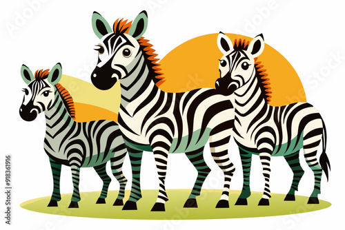 Three Cartoon Zebras Standing Against a Sunset Background