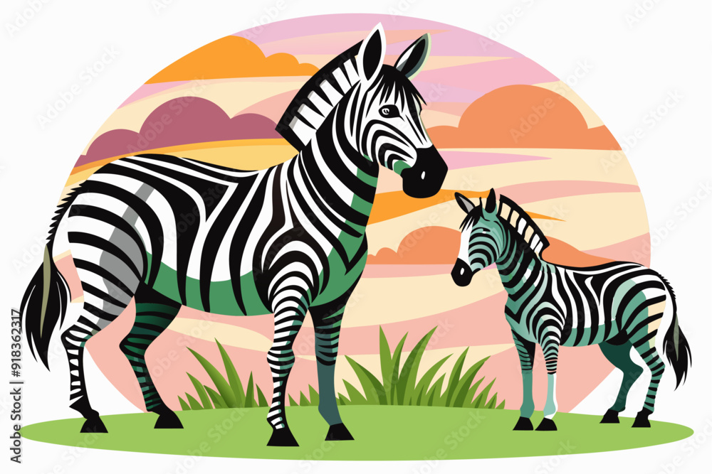Fototapeta premium Adult Zebra and Foal Standing in Grass with Sunset Background