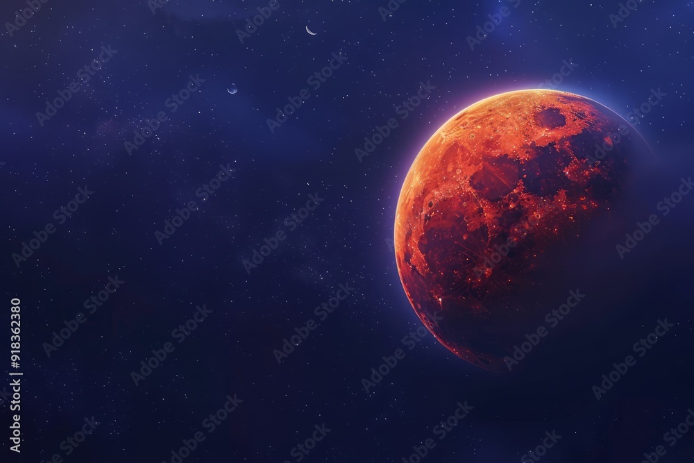 Bloody moon.Blood moon.Full red moon.A close-up of the Blood Moon against a starry night sky, with intricate details of its surface visible, ample copy space on the left Bloody moon.Blood moon.Full red moon.A close-up of the Blood Moon against a starry night sky, with intricate details of its surface visible, ample copy space on the left