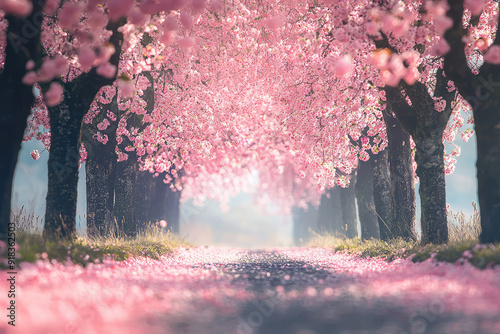 A serene pathway adorned with cherry blossom trees, their vibrant pink petals creating a stunning natural tunnel of beauty and tranquility. photo