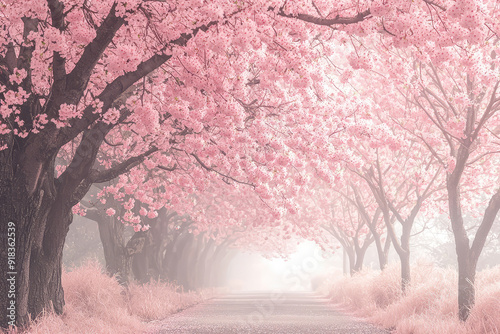 Stroll under a canopy of soft pink cherry blossoms in full bloom, where every step feels like a dream, surrounded by nature's ephemeral beauty. photo