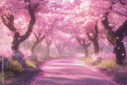 Walk through an enchanting cherry blossom grove with petals carpeting the path, trees in full bloom, and a serene, dreamlike atmosphere. photo
