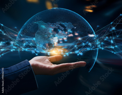 Hologram. Illustration of the world in your hand with the technology. Visualization of information and communication development. Graphics in blue and black. photo