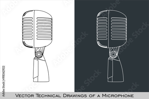 vintage microphone. line drawing blueprint Wireframe  vector illustration
