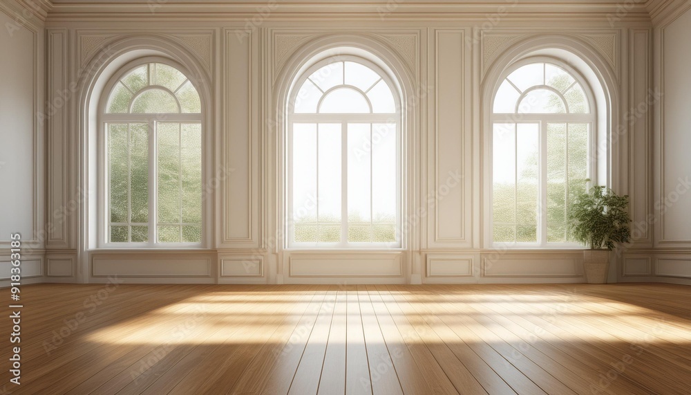View of empty room in classic style with arch window design, Sun light cast shadow on the wood floor on white background. 3d rendering.t