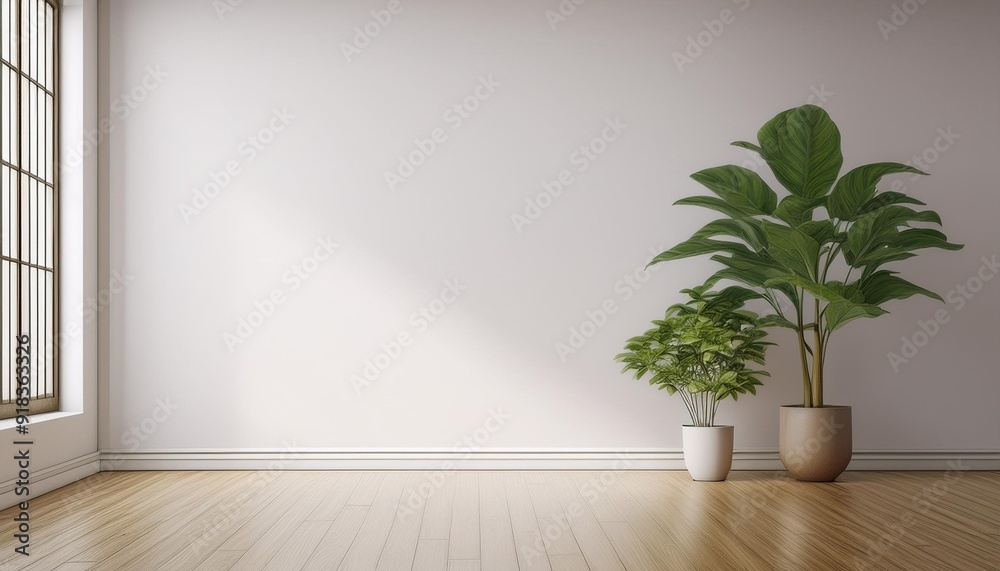 View of white empty room and wood laminate floor,frame with green plant , 3D rendering View of white empty room and wood laminate floor,frame with green plant , 3D rendering