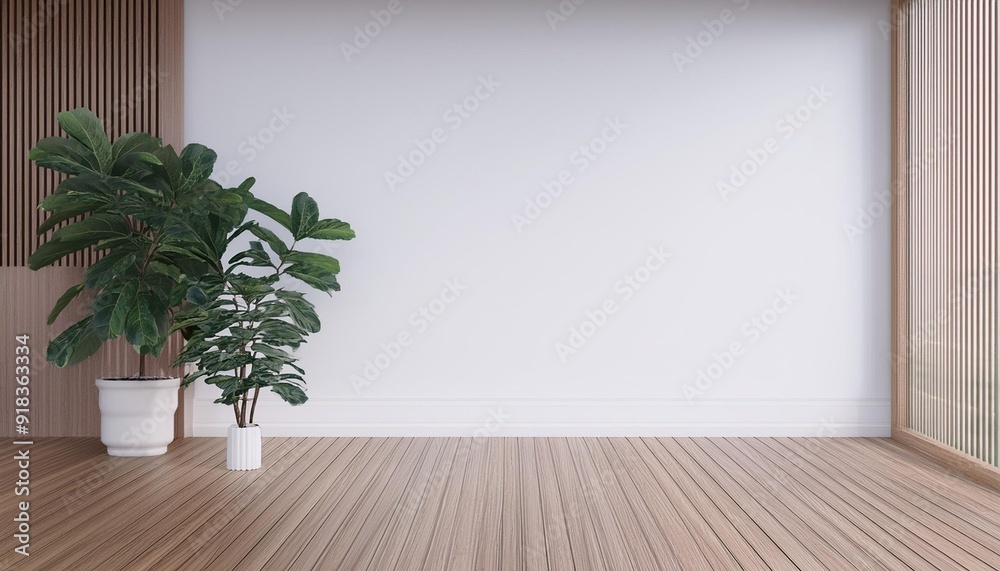 Fototapeta premium View of white empty room and wood laminate floor,frame with green plant , 3D rendering
