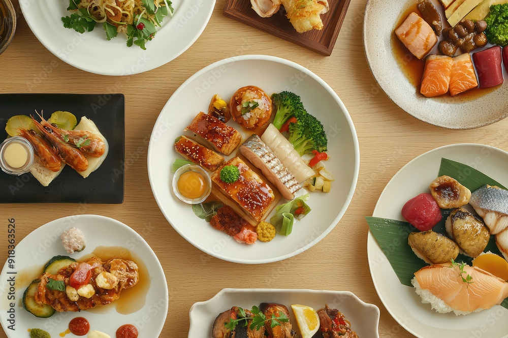 Exquisite presentation of diverse, beautifully plated dishes showcasing vibrant colors, textures, and flavors in a culinary delight. Exquisite presentation of diverse, beautifully plated dishes showcasing vibrant colors, textures, and flavors in a culinary delight.