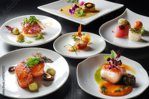 An exquisite collection of gourmet dishes beautifully presented on elegant white plates, showcasing culinary artistry and creativity to perfection. photo