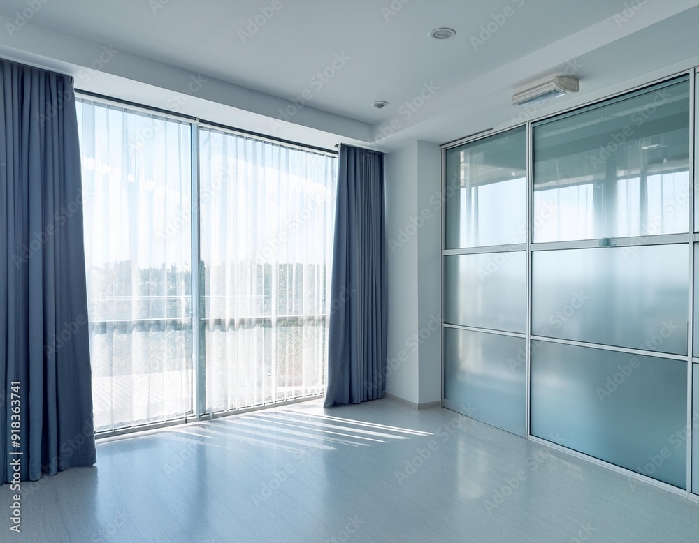 Fototapeta premium White room with glass windows and curtain in hospital