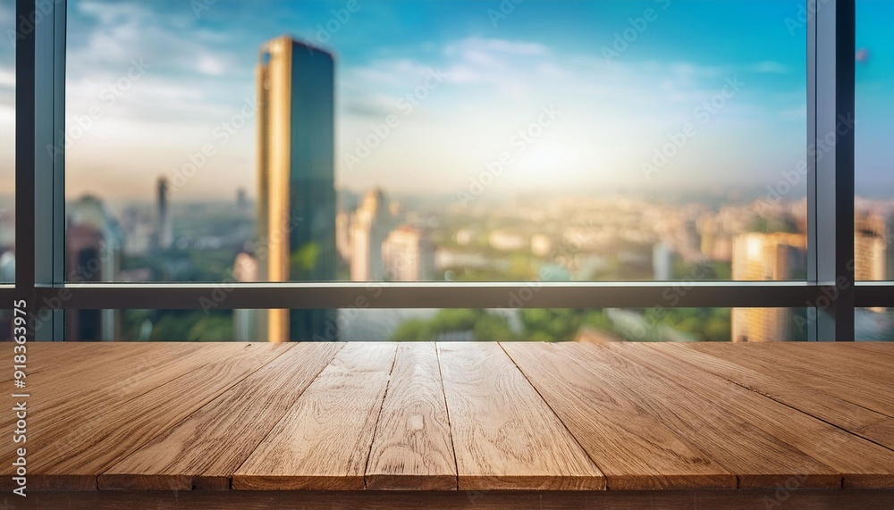 Wood table top on blur city building view background looking through glass window, panoramic banner Wood table top on blur city building view background looking through glass window, panoramic banner