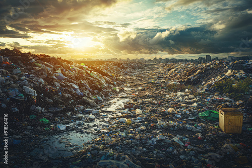 A sprawling landfill overflowing with garbage, with the sun setting behind the distant city skyline, casting an eerie glow over the scene. photo