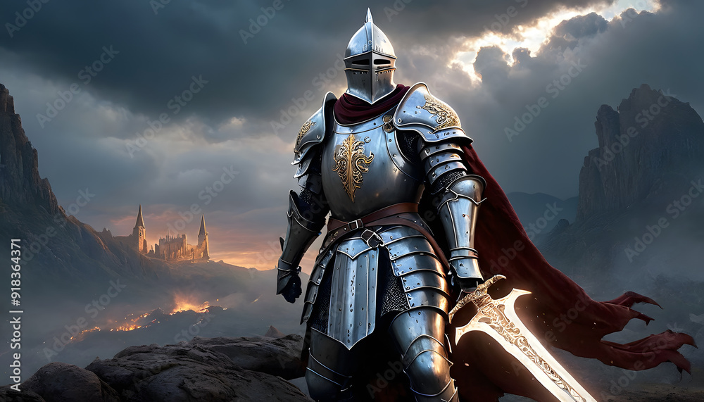 Naklejka premium A knight in ornate armor stands confidently with a sword. The scene captures a medieval battle atmosphere with dark clouds and a sense of impending conflict.