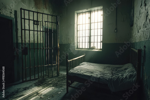 A stark and somber prison cell is dimly lit by sunlight through barred windows, evoking feelings of loneliness and confinement within its desolate walls. photo