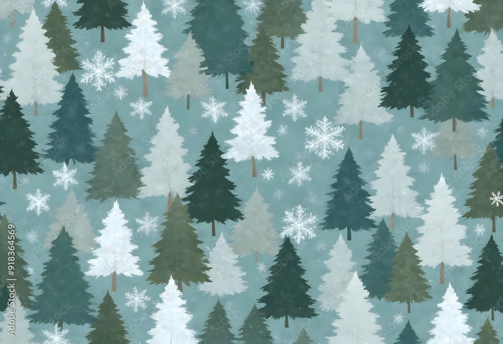 Fototapeta premium Seamless winter pine trees pattern with snowflakes on dark background, Christmas concept, winter background